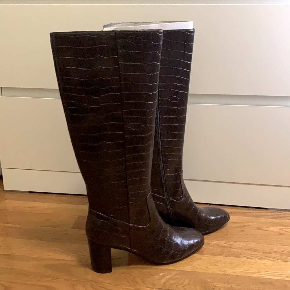 Marc Fisher Revela Crocodile Knee-high Boots- Size 8, Square toe, Brown